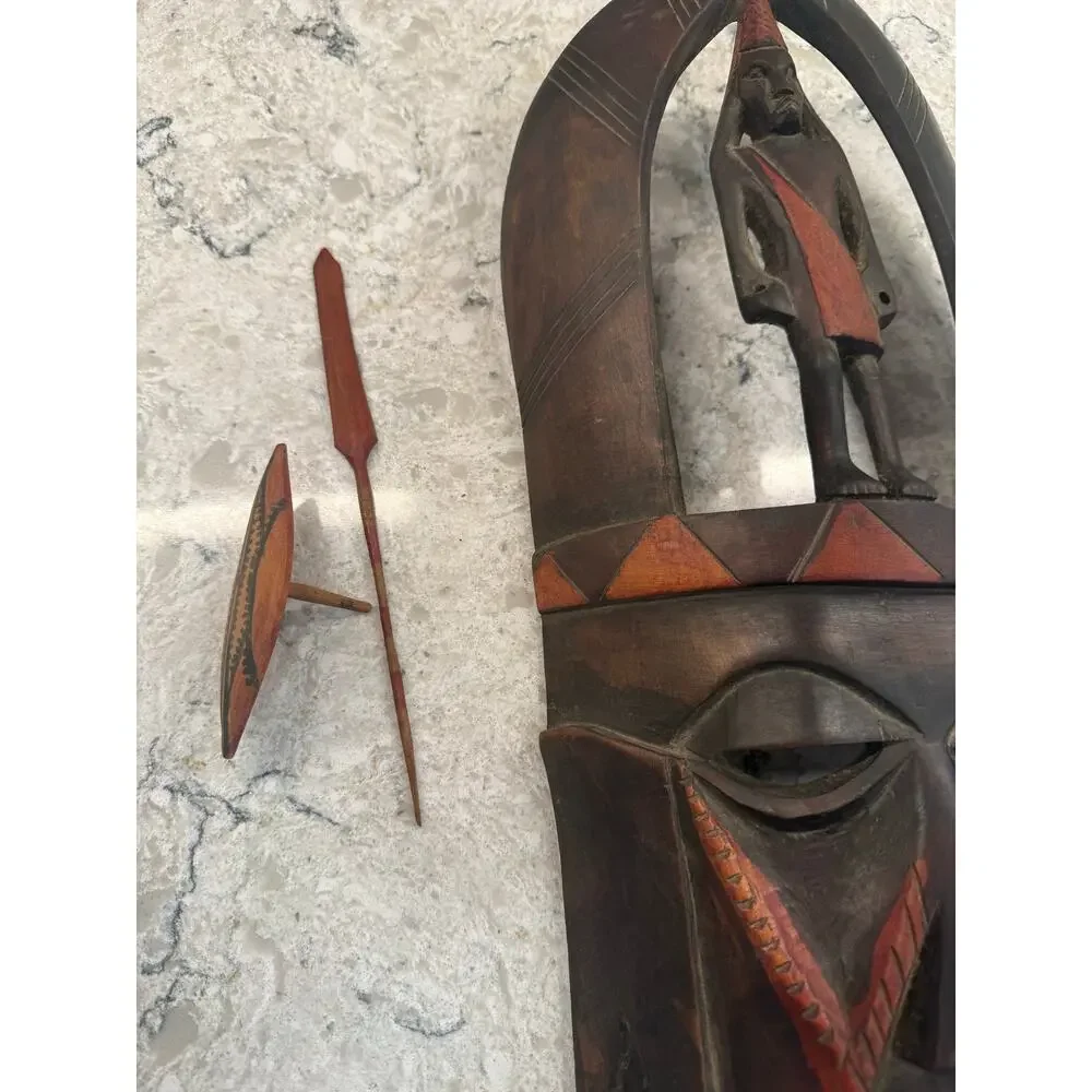 Vintage African Hand Carved Wooden Mask Statue 18.5